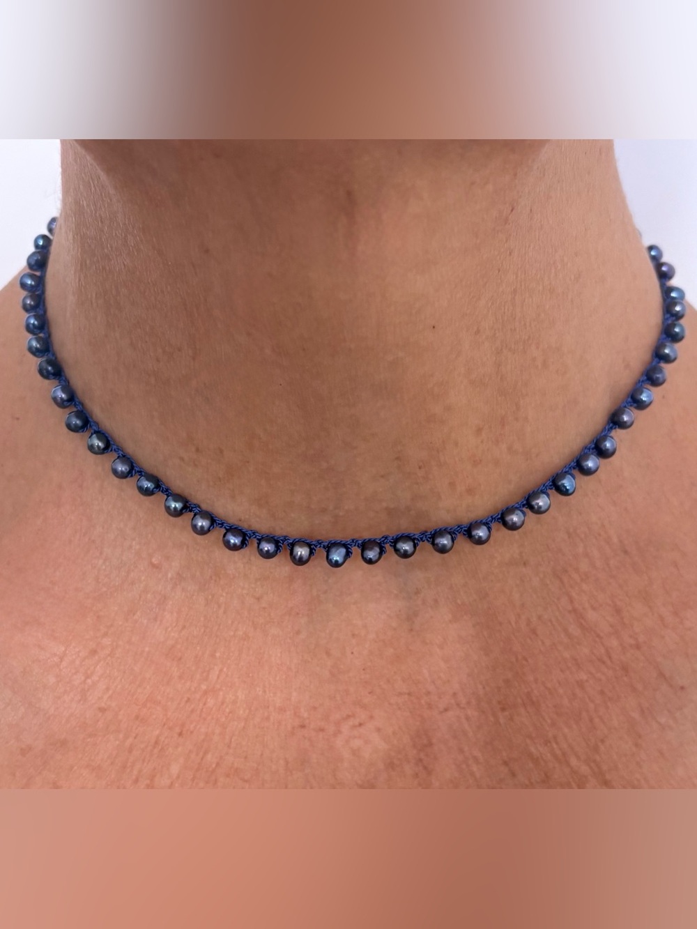 Hand Crocheted Blue Pearl Beaded Necklace